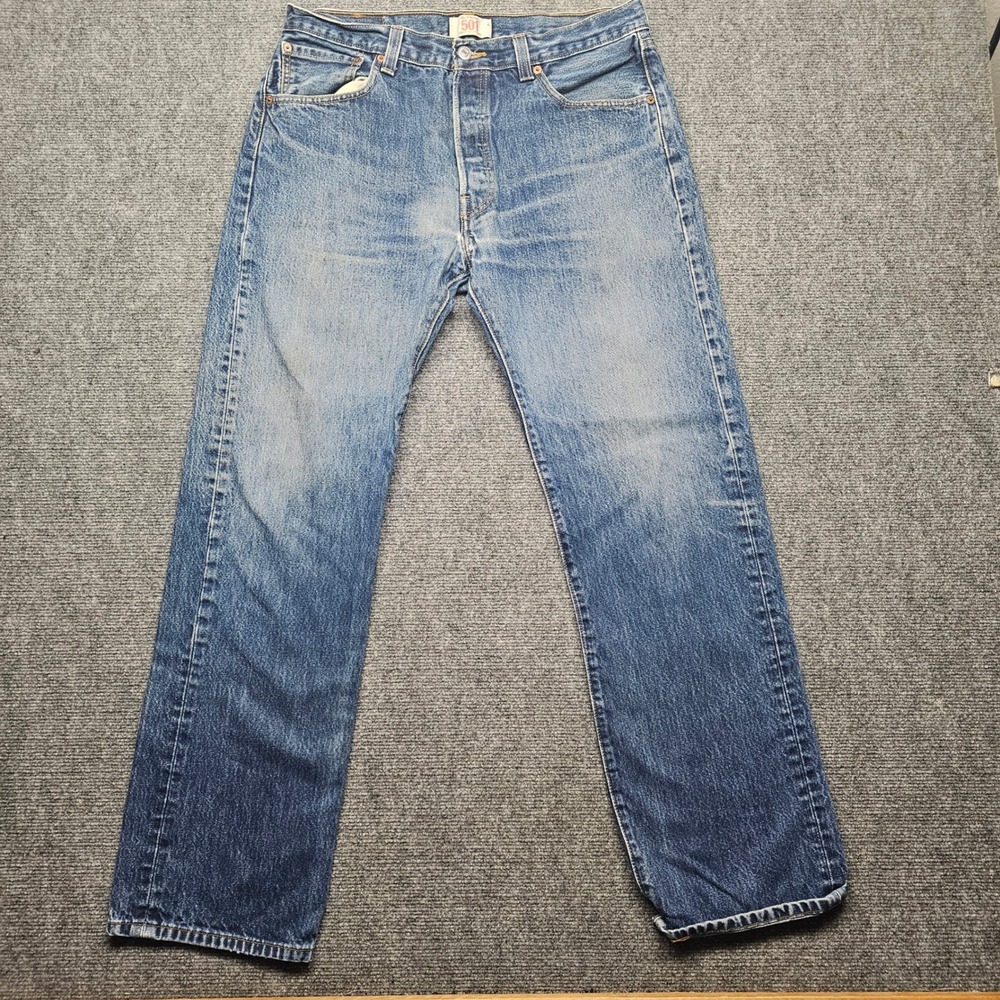 Levis 501 Original Straight Leg Button Fly Blue Denim Jeans Mens 34x32